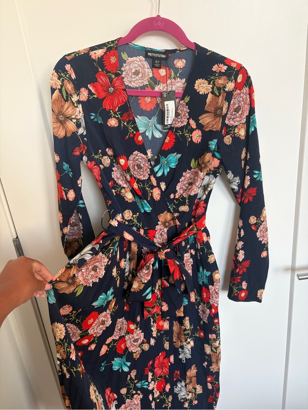 PrettyLittleThing Navy Floral Wrap Maxi Dress with Tie Waist